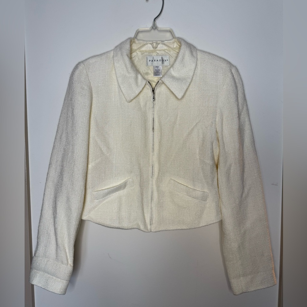 Paradox VINTAGE Off White/Cream Tweed Cropped Full Zip Blazer Missy 8